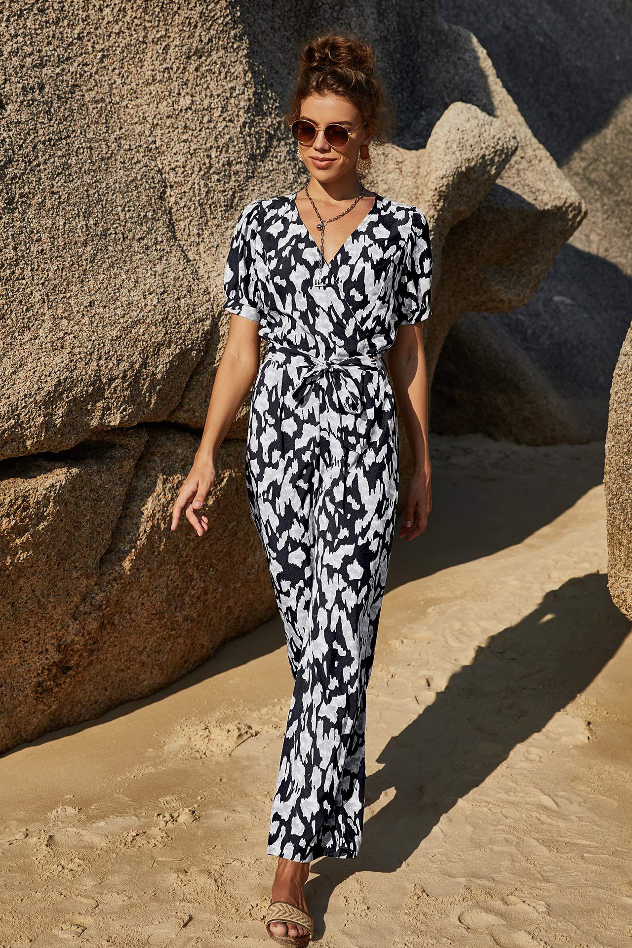 strappy high-waist short-sleeved printed jumpsuit NSLM39177