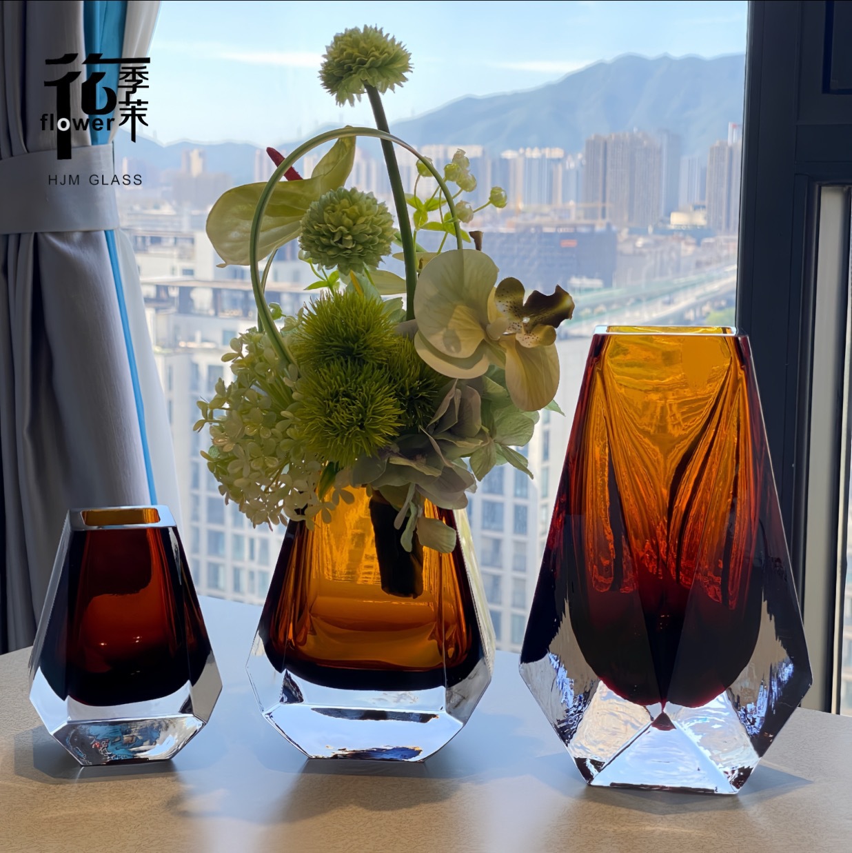 HJM-北欧轻奢琉璃水晶艺术花瓶高档摆件别墅酒店装饰品客厅插花器