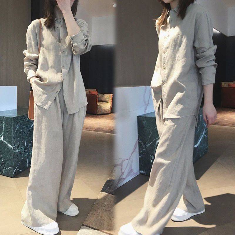 Cotton and Linen Suit for Women 2025 Spring Korean Fashion Niche Casual Sports Linen Shirt Wide-Leg Pants Two-Piece Suit