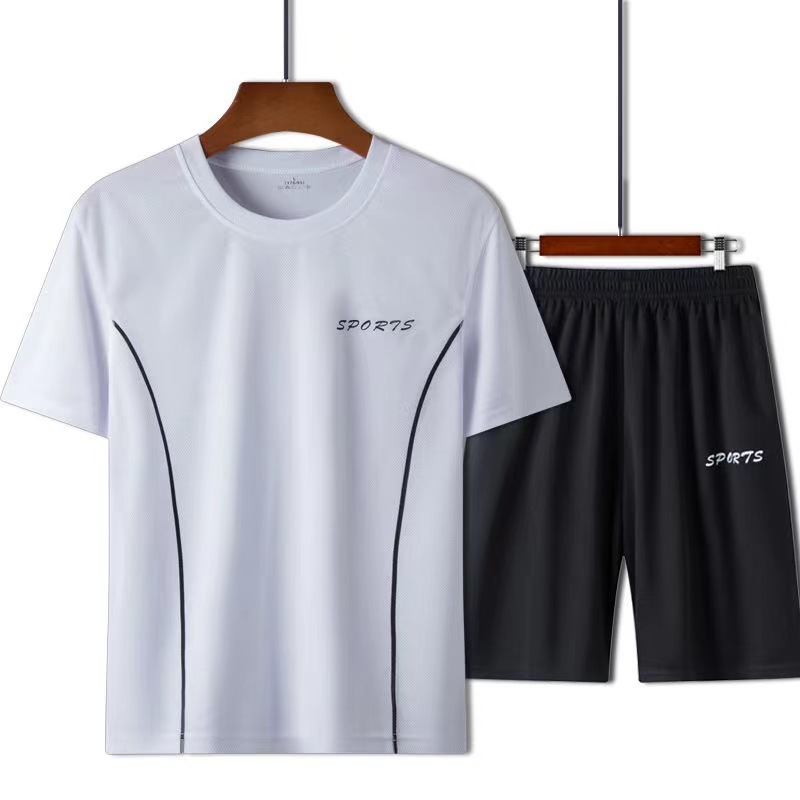 New men's short-sleeved T-shirt shorts set round neck fine mesh leisure fitness breathable sports home wear hair