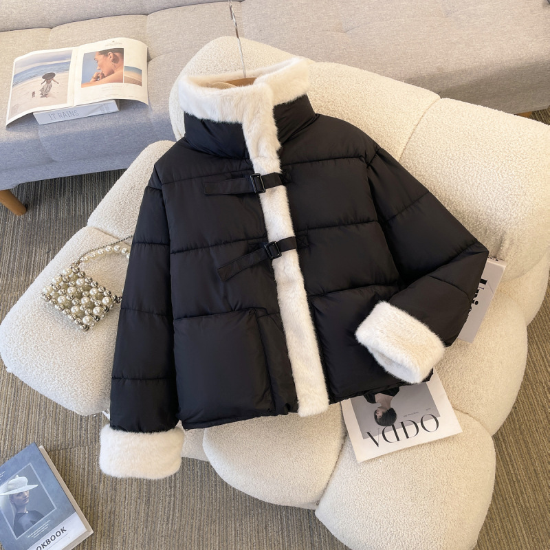 毛领拼接宽松韩系棉衣外套2025冬季新款女短款羽绒棉服棉袄外套|undefined