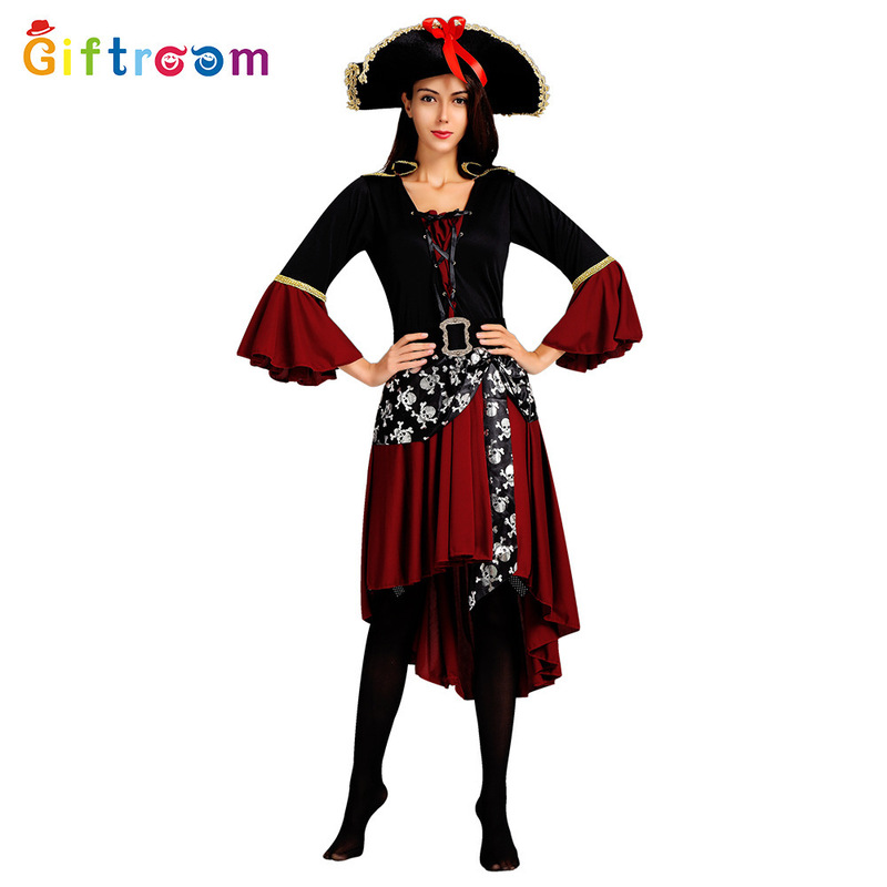 Halloween European and American Masquerade Role-Playing Pirates of the Caribbean Pirate Costume Female Red Skirt Black Vest Pirate