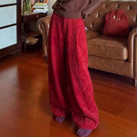 2026早春高端亚麻腰果花提花阔腿裤女9分裤轻奢品质百搭