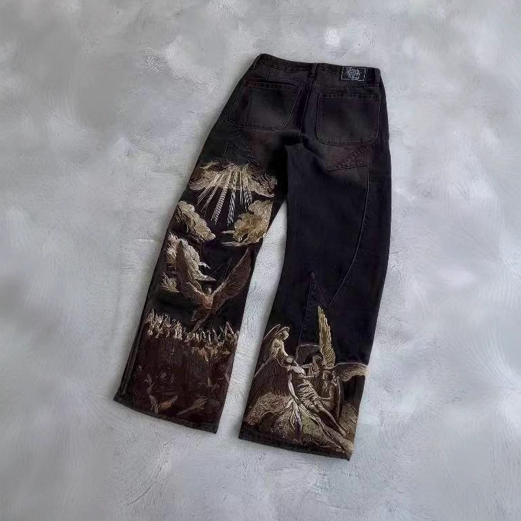 Cross-Border Harajuku Retro Bat Pattern Printed Loose Jeans Street Y2K Pants Casual Jeans