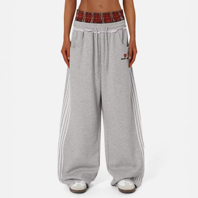 Pantalones Deportivos con Bordado y Efecto Dos Piezas para Mujer de Algodón Holgados para Deportes y Uso Casual