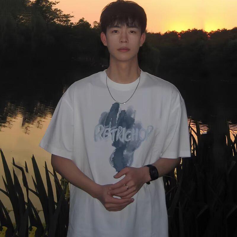 American Couple Smoke Design Printed Short-sleeved T-shirt Men's Summer 2024 New Loose Round Neck T-shirt High Street