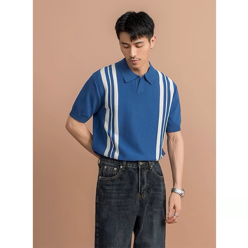 Polo camiseta de punto camiseta de manga corta hombre V-collar gaviota collar rayas verticales viejas camisetas de hielo de viento de verano fábrica transfronteriza al por mayor