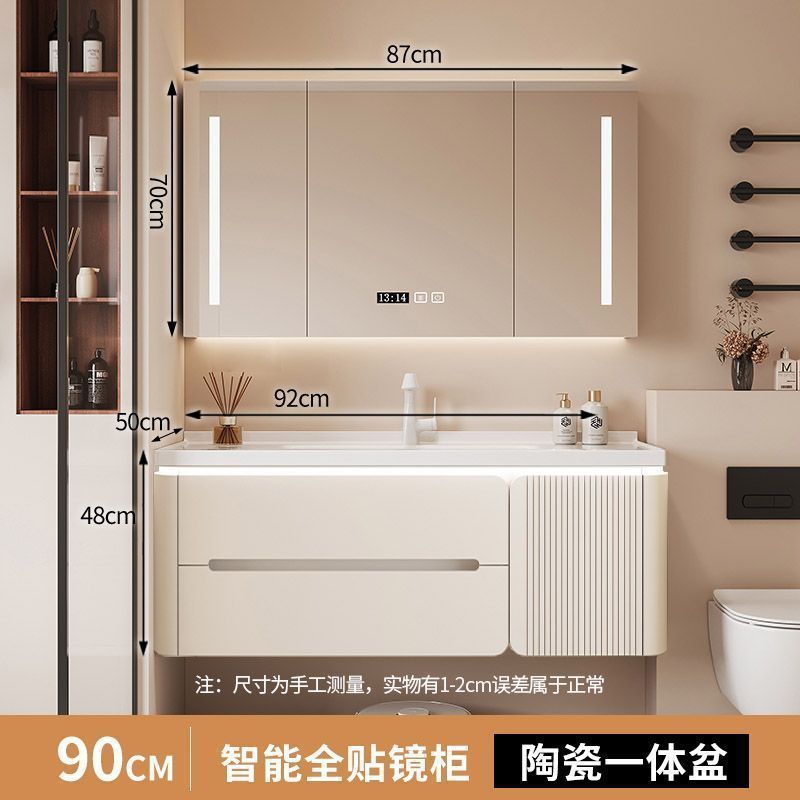 クリーム風水バスルームキャビネット洗面台オーク塗装セラミック一体型洗面台シンプルなバスルームキャビネット洗面台ライト高級なし|undefined