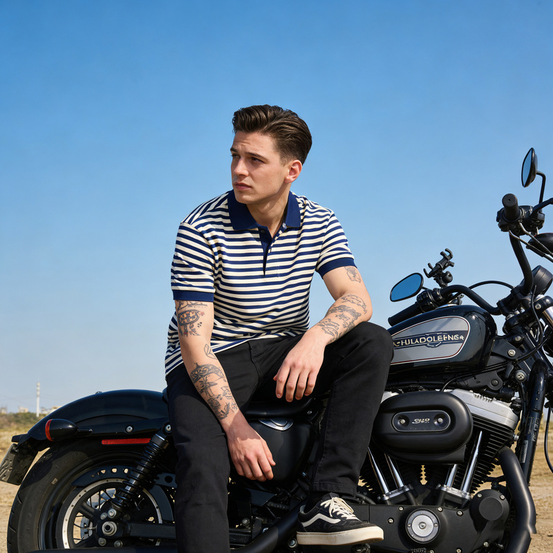 Okonkwoss Summer Men's Thick Stripesd Short-Sleeved Polo Shirt 230g Heavy Lapel T-Shirt Sea Soul Shirt