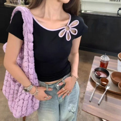 愛せない!! !【中空】ホットガール半袖Tシャツレディーススリムフィットデザインニッチショルダートップス