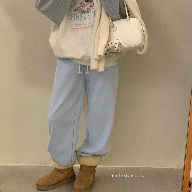 Korean Order 2025 Winter New Fleece-Lined Thick Loose Gray Sweatpants High-Waisted Jogger Pants