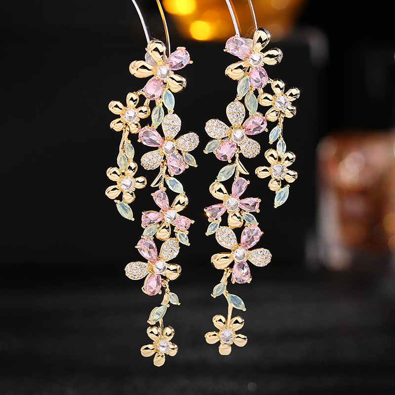s925 Silver Needle Exaggerated Atmospheric High-end Earrings for Women's Super Fairy Dinner Dress with Long Flower Heavy Industry Earrings