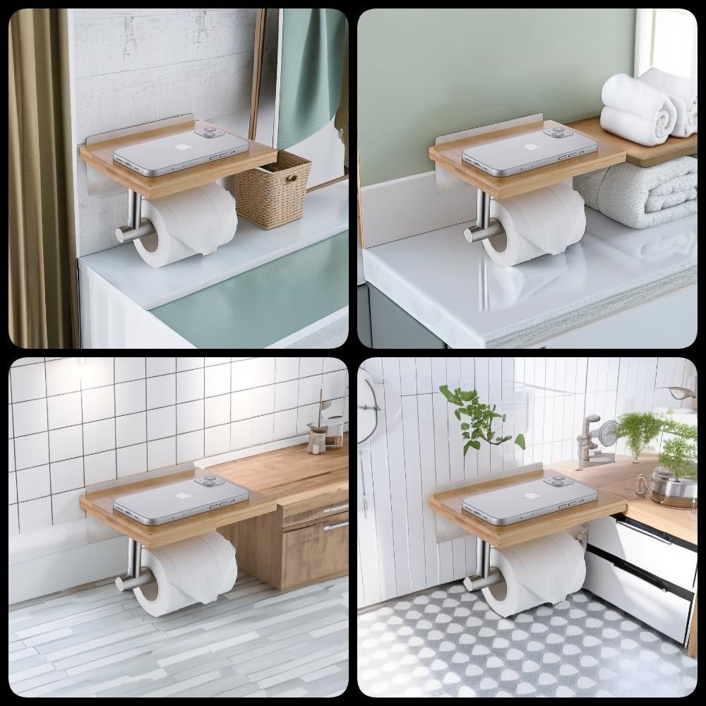 Natural Bamboo Toilet Paper Roll Holder Modern Wall Mounted Tissue Roll Dispenser Toilet Paper Holder Suitable for Bathroom
