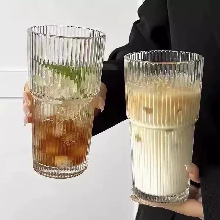 ins风大容量高颜值冷饮杯果汁咖啡杯带盖带吸管竖条纹玻璃杯水杯