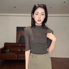 法式网纱微透半高领中袖针织衫女装春夏季修身显瘦内搭打底衫上衣