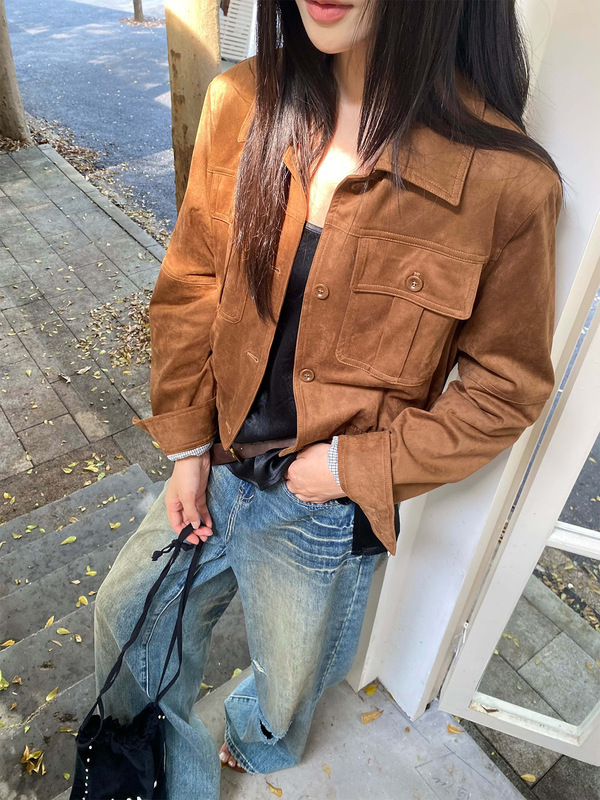 2025秋季翻领鹿皮绒工装夹克短款街头潮流单排扣长袖外套女56039|undefined