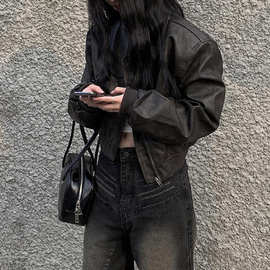 春季法式帅气做旧翻领拉链宽松百搭BF风机车服PU皮衣夹克短外套女