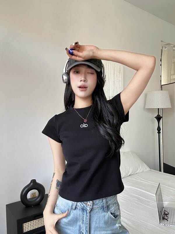 Alo 夏レタープリント反射半袖レディース通気性スポーツカジュアル多用途スリムフィットラウンドネックトップ Tシャツ|undefined