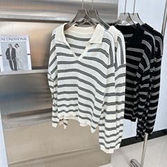 翻领条纹撞色长袖T恤女2025早秋新款宽松百搭显瘦气质衫套头显瘦T