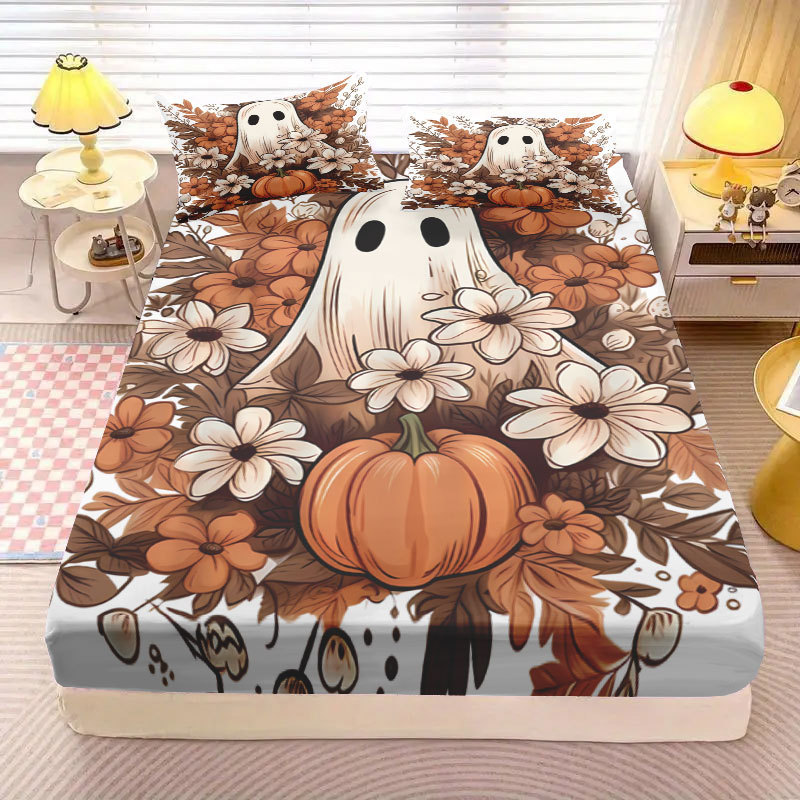 Temu Halloween Ghost Pumpkin Bed Sheet Set Brushed All-Inclusive Bedspread Bed Bag Three-Piece Set Can Be Connected to Jit