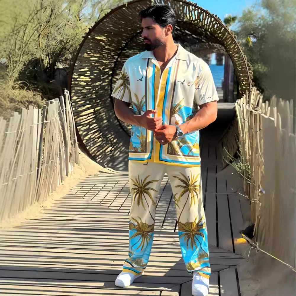 Monochrome Man – Neuer europäischer und amerikanischer Herren-Strandanzug mit Umlegekragen, kurzen Ärmeln und langer Hose, Digitaldruck._voghion.com