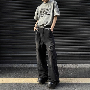 2024 American Style High Street Zipper Large Pocket Tooling Jeans Men's and Women's All-Match Hip-Hop Wide-Leg Trendy Trousers for Men
