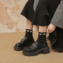 跨境棕色英伦风厚底小皮鞋女百搭配裙子乐福单鞋质感增高时尚通勤