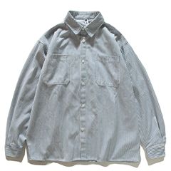 日系复古文艺青年条纹工装衬衫男女宽松纯棉长袖衬衣情侣休闲外套