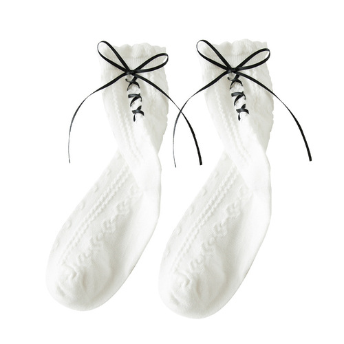 Japanese lolita white socks women's heel strap bow jk girl princess socks love lace mid-calf socks