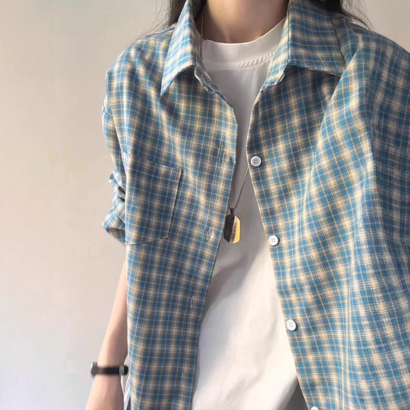 American Retro Blue Plaid Shirt for Men, Early Autumn Wear, Long-Sleeved Shirt with Cardigan, High Street Couple Jacket