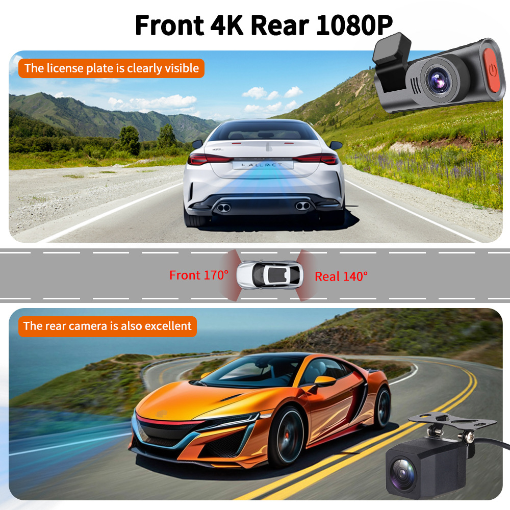4Kgps Dash Cam with Front and Rear Dual Recording, Wifi Parking Monitoring, Dual-Lens Ultra-Clear Wide-Angle Car Camera