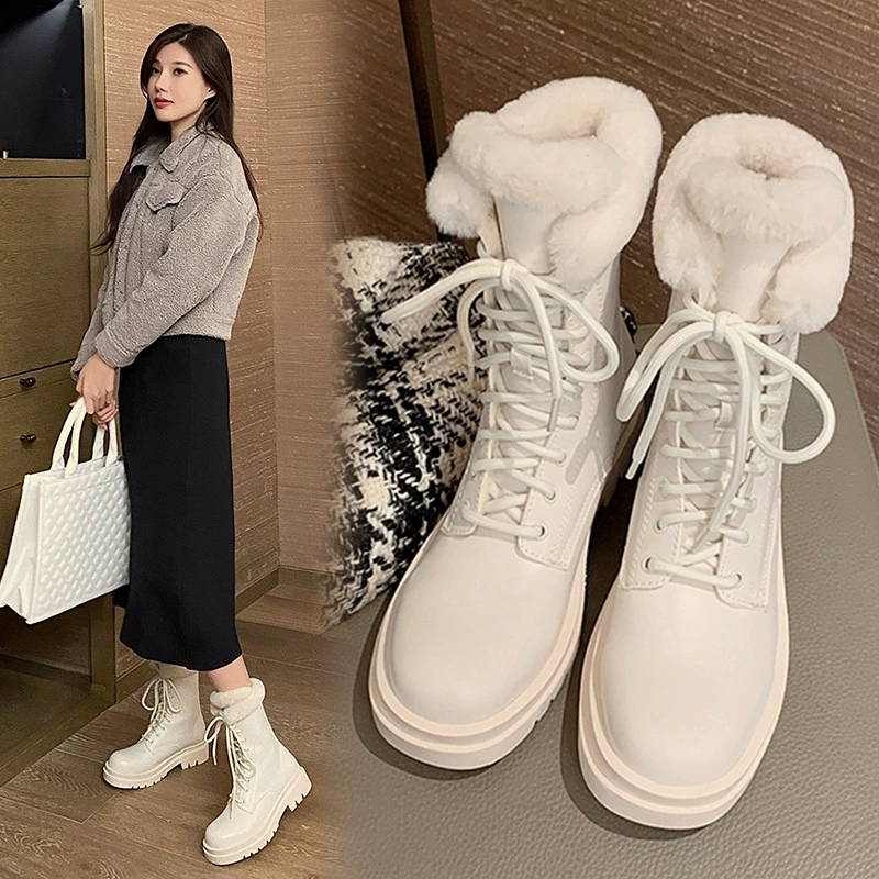 Новые высокие ботинки Мартин 2025 на флисовой подкладке, мотоциклетные хлопковые ботинки, модные короткие женские ботинки, зимние женские сапоги на толстой подошве с длинным ворсом.