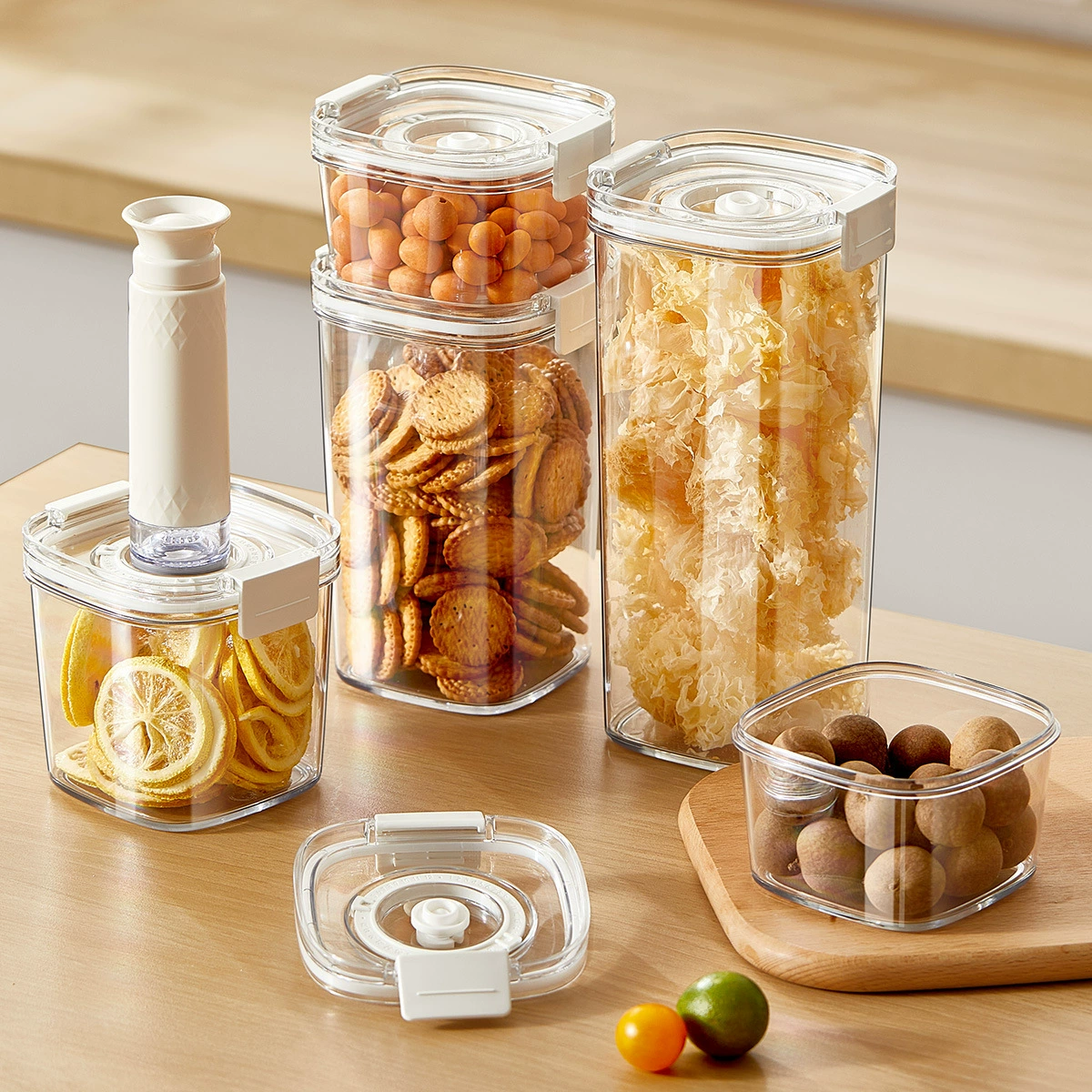 One-Click Vacuum Storage Container, Transparent Thick Plastic Square, 460–1800 ml, Pump Options
