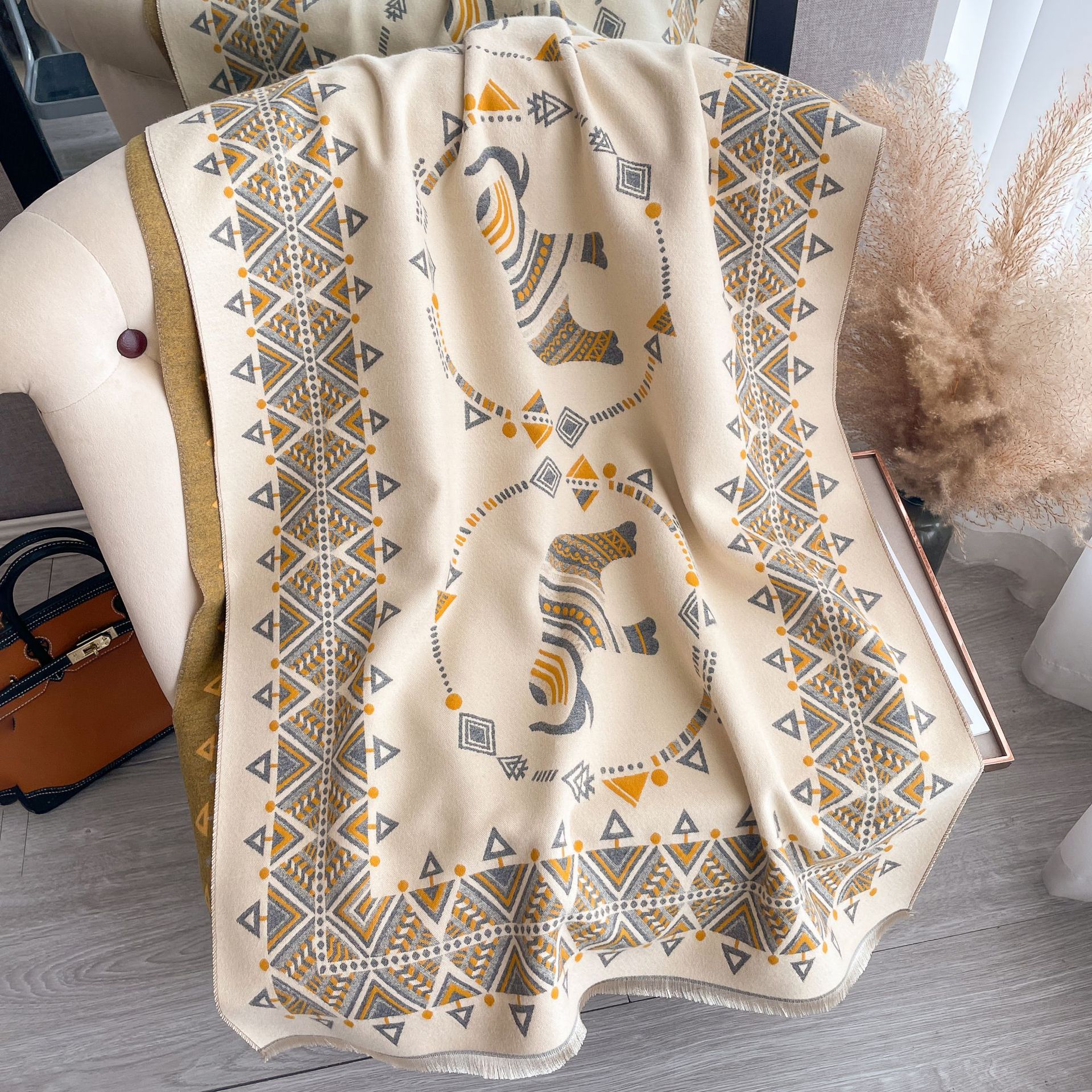 2023 nuevo nórdico retro chal Otoño e Invierno de doble cara Cachemira elefante patrón decorativo largo bufanda caliente para las mujeres