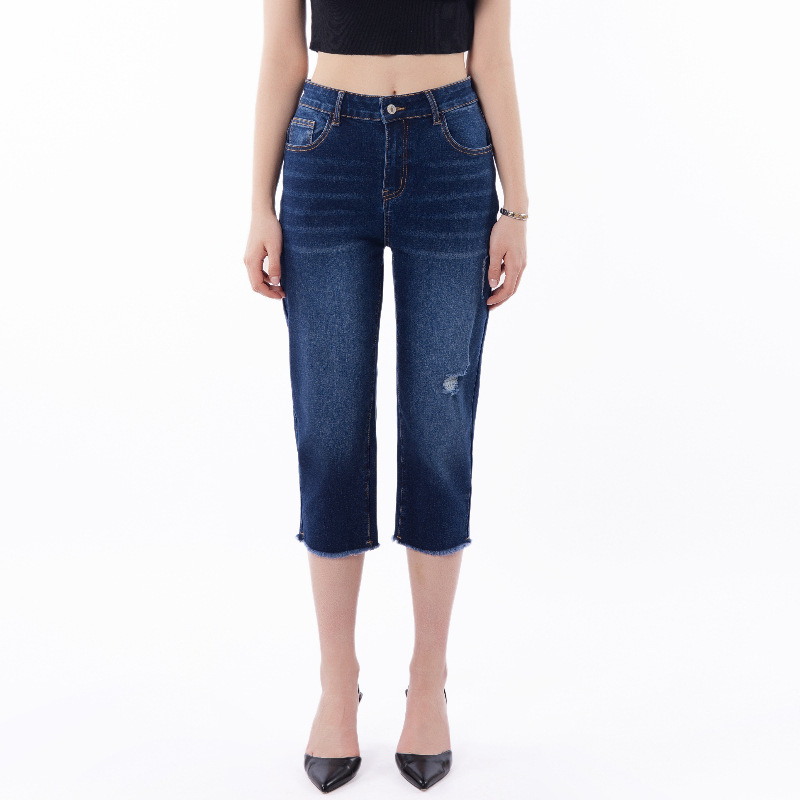 New Style European and American Plus-Size Women's Casual High-Waisted Slim-Fit Stretch Denim Capri Jeans