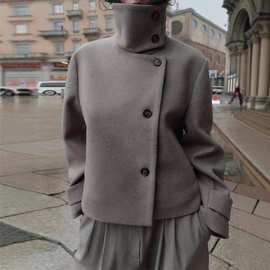 ZA外贸秋冬2025时尚女装通勤百搭短款单排扣立领长袖毛呢外套女