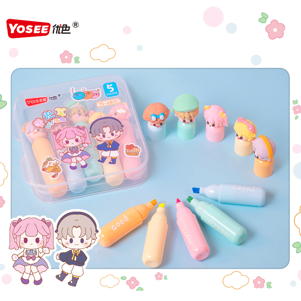 Mini resaltador de dibujos animados de alto valor facial lindo marcador de bolígrafo para estudiantes con bolígrafo de color clave para marcar pincel de pintura