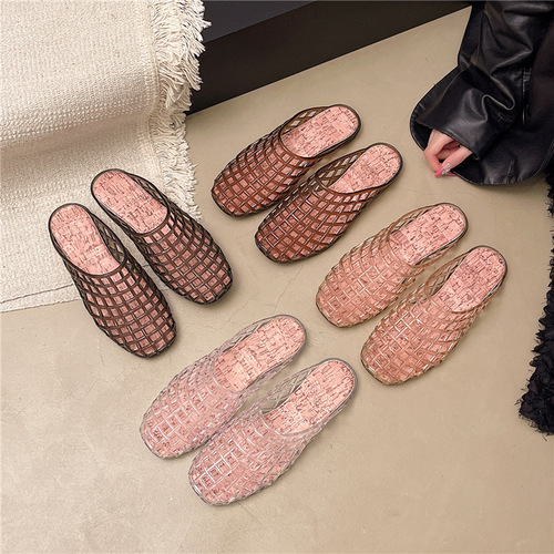 Mesh shoes niche half-slip sandals Korea's new transparent casual women's shoes one-leg plastic slippers hollow sandals