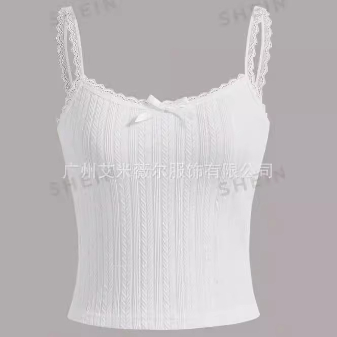 2024 Amazon Aliexpress European and American Women's Lace Suspender Bow T-Shirt Top