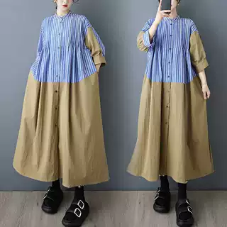 实拍小众设计感法式复古宽松条纹拼接撞色衬衫裙时尚休闲连衣裙