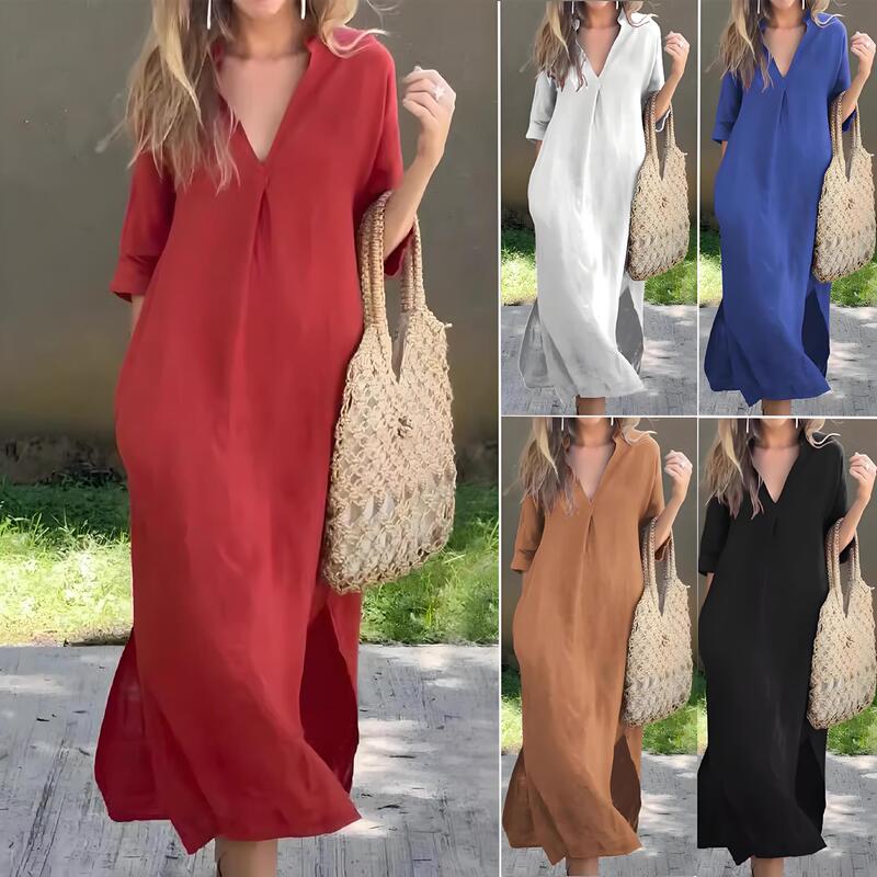 2024 Amazon Hot-selling European and American Cross-border Export Summer V Neck Slit Flap Pocket Pants Long Skirt Casual Dress on Both Sides