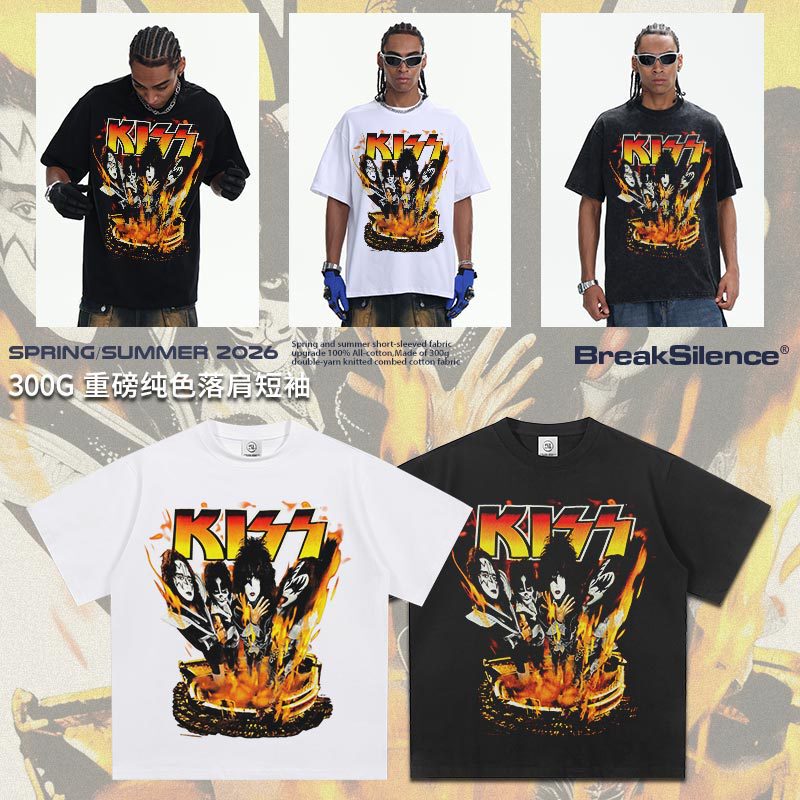 2026 Cross-Border Kiss Band Summer 300g Pure Cotton Breathable Heavyweight Knit Direct-Print Printed Short-Sleeve Men's Base Shirt