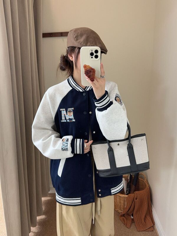美式学院风泰迪熊拼色棒球服女秋季新款宽松百搭休闲夹克上衣外套|undefined