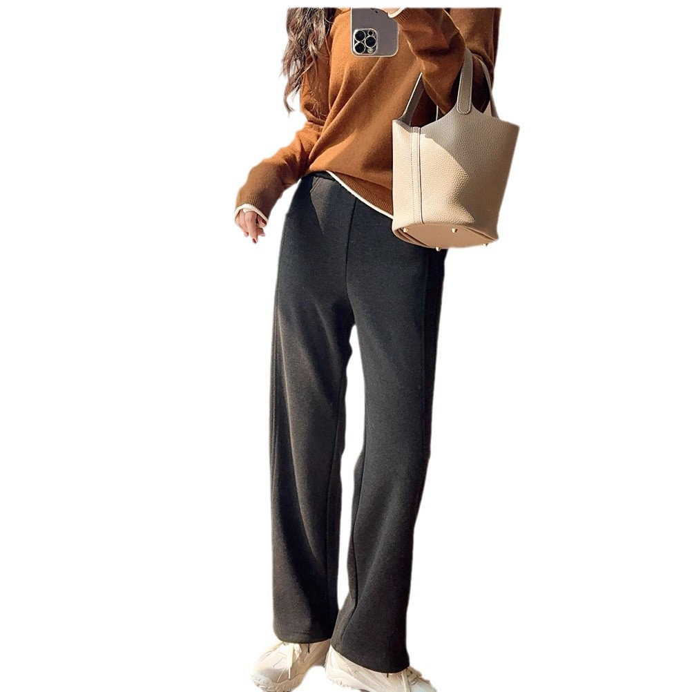 부드러운 왁스 덤핑 헤링본 패턴 가을과 겨울 엘라 스토 탄성 허리 슬리밍 두꺼운 따뜻한 느슨한 울 바지 스트레이트 울 바지 여성용