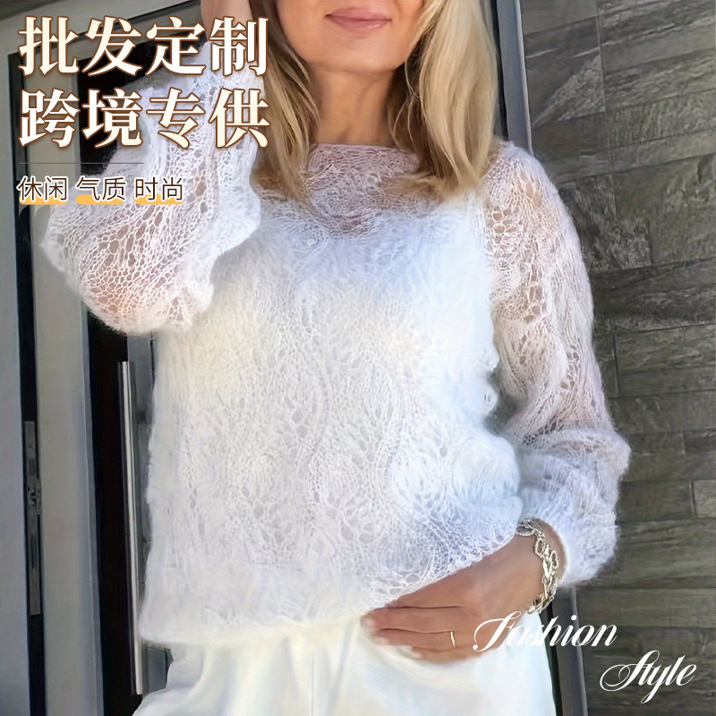New White Knitted Pullover Sweater, Fashionable Spring and Autumn Long-Sleeve Knit Top, Hollow-Out Design, Women's European and American Style, Cross-Border