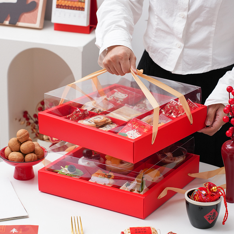 Año Nuevo rojo 9 caja de postre de pala transparente caja de embalaje de cupcake bocadillos pasteles caja de regalo de Año Nuevo alta