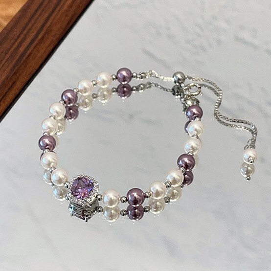 Manta Rose Shijia Pearl Bracelet Micro-Inlaid Zircon Sugar Cube Purple Pull-Out Bracelet Light Luxury Versatile Hand Jewelry