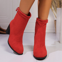 2025秋冬新款韩系尖头粗跟配裙子弹力加绒瘦瘦靴切尔西时装短靴