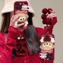 酒红毛绒雪莉玫公仔适用苹果16ProMax手机壳iPhone15/14秋冬13/12