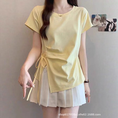 ミルクイエローの右肩半袖Tシャツ女性用2025夏大きいサイズファットmmウエスト不規則な巨大痩身パーソナライズトップ